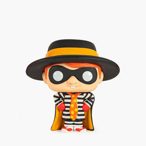 cute cartoon Hamburglar action figure in a black wide-brimmed hat, black eye mask, and striped outfit