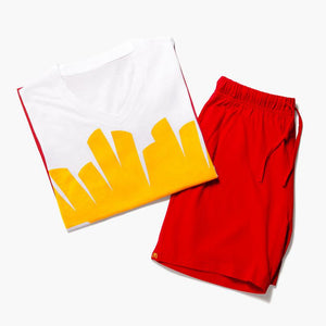 white shirt with large yellow fries a and red elastic waistband sweatpants