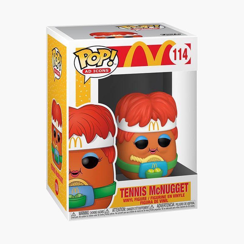 cute cartoon Tennis McNugget action figure with white sweatband, tennis racquet, and tennis balls