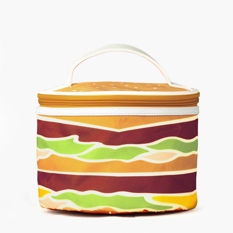 large round zippered bag appearing as a Big Mac Burger with layers of cheese, meat, lettuce and a bun and a handle on the top