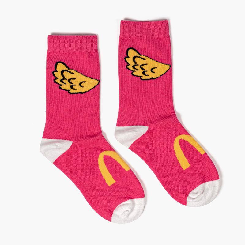 hot pink ankle socks with white toe and heel, McDonald's logo, and mustard yellow ankle wings