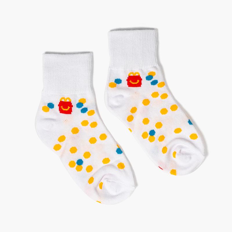 white ankle socks with confetti pattern and tiny Happy Meal graphic on left ankle