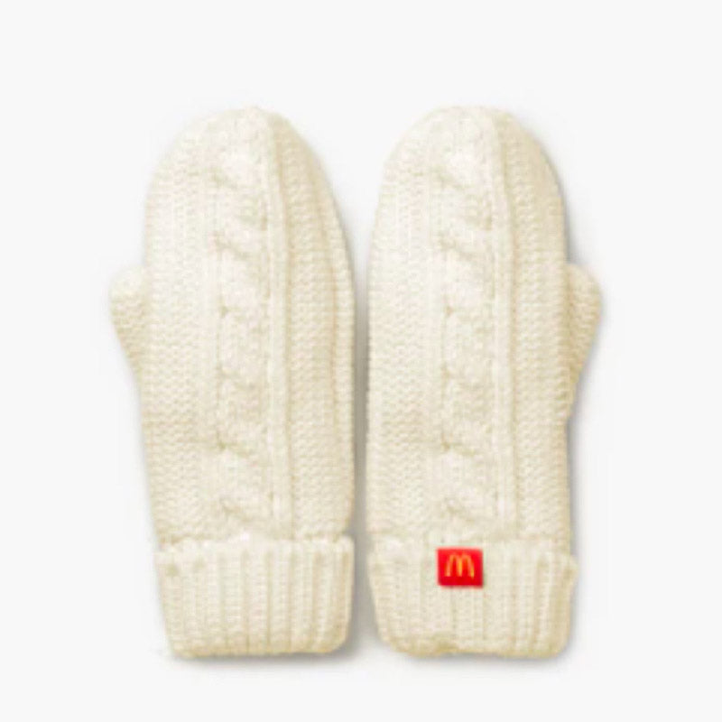 white knit mittens with McDonald's logo on the cuff